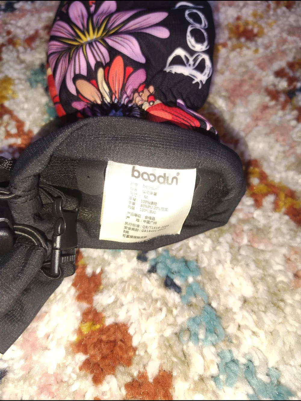 BooDun Floral Snow Mittens  - Black with Pink & Red Flowers